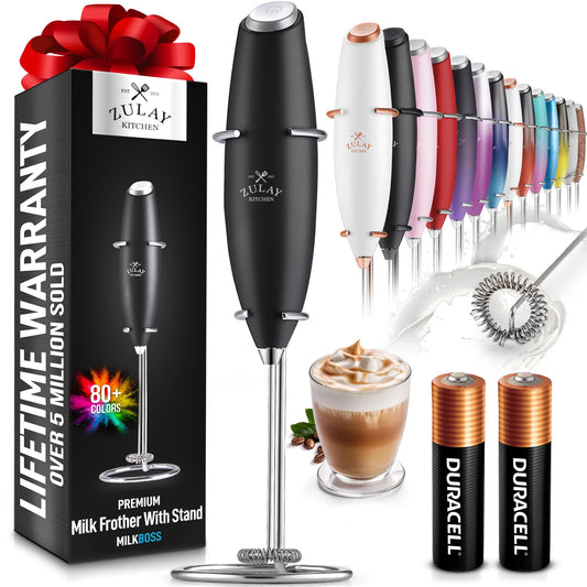 Zulay High-Speed Milk Frother Wand - 2 Batteries Included - Quick Handheld Beverage Mixer - Foam Maker for Coffee and More - Black